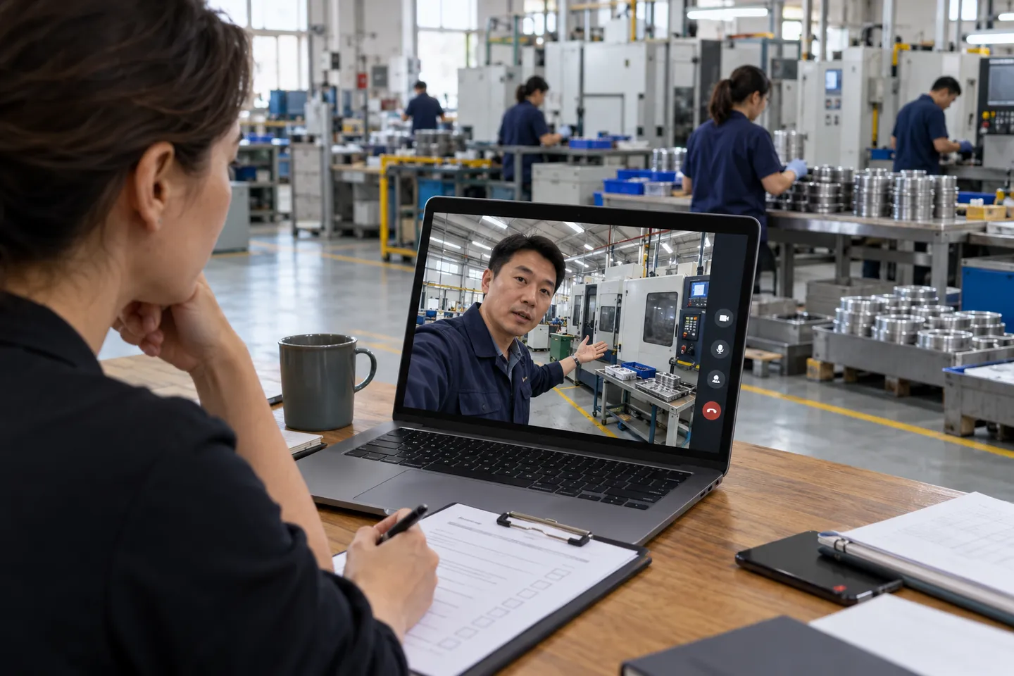 Buyer conducting a remote factory capability review by video call