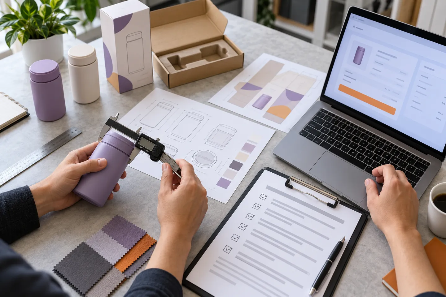 Buyer measuring a product sample against specifications and packaging artwork