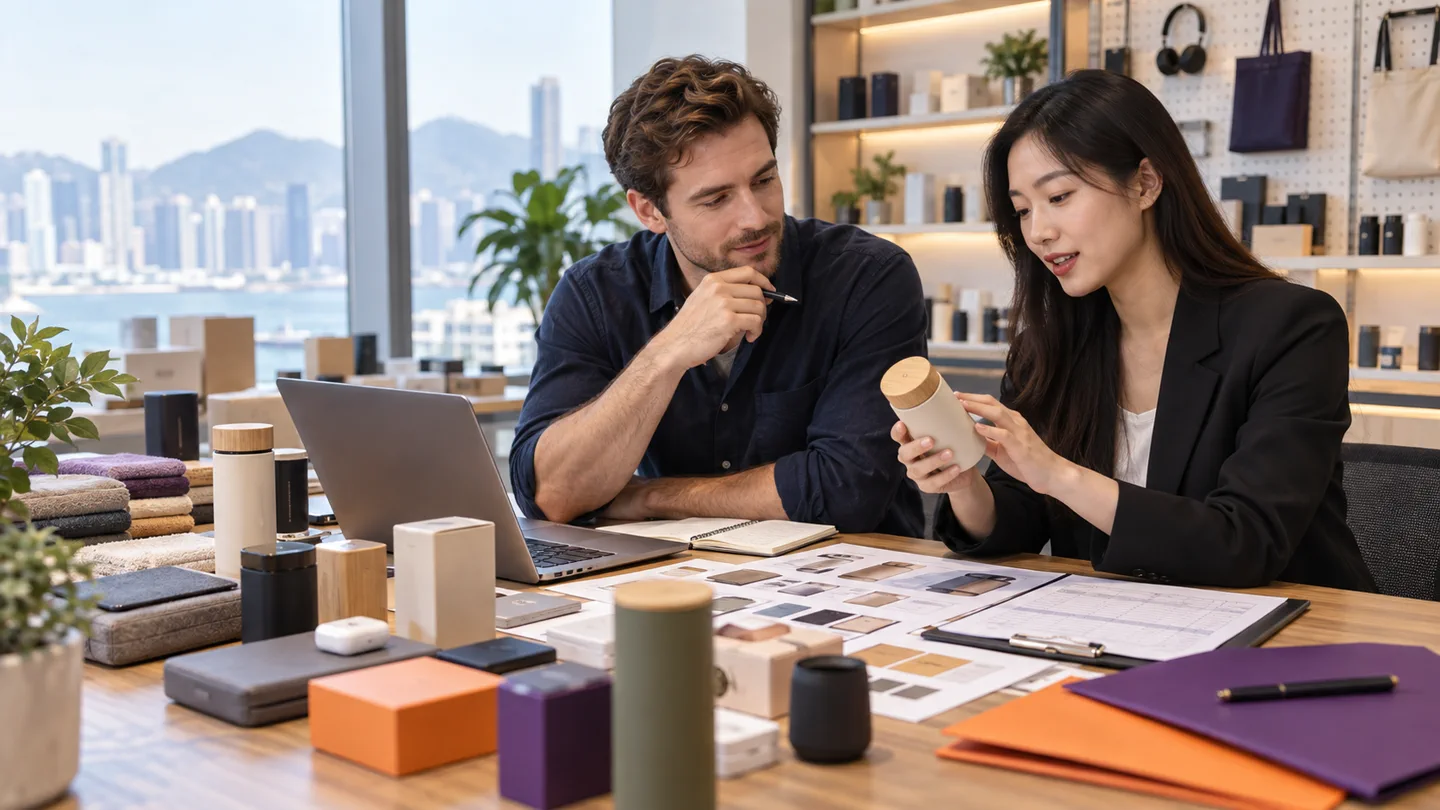 International buyer and Chinese sourcing professional reviewing product samples and packaging