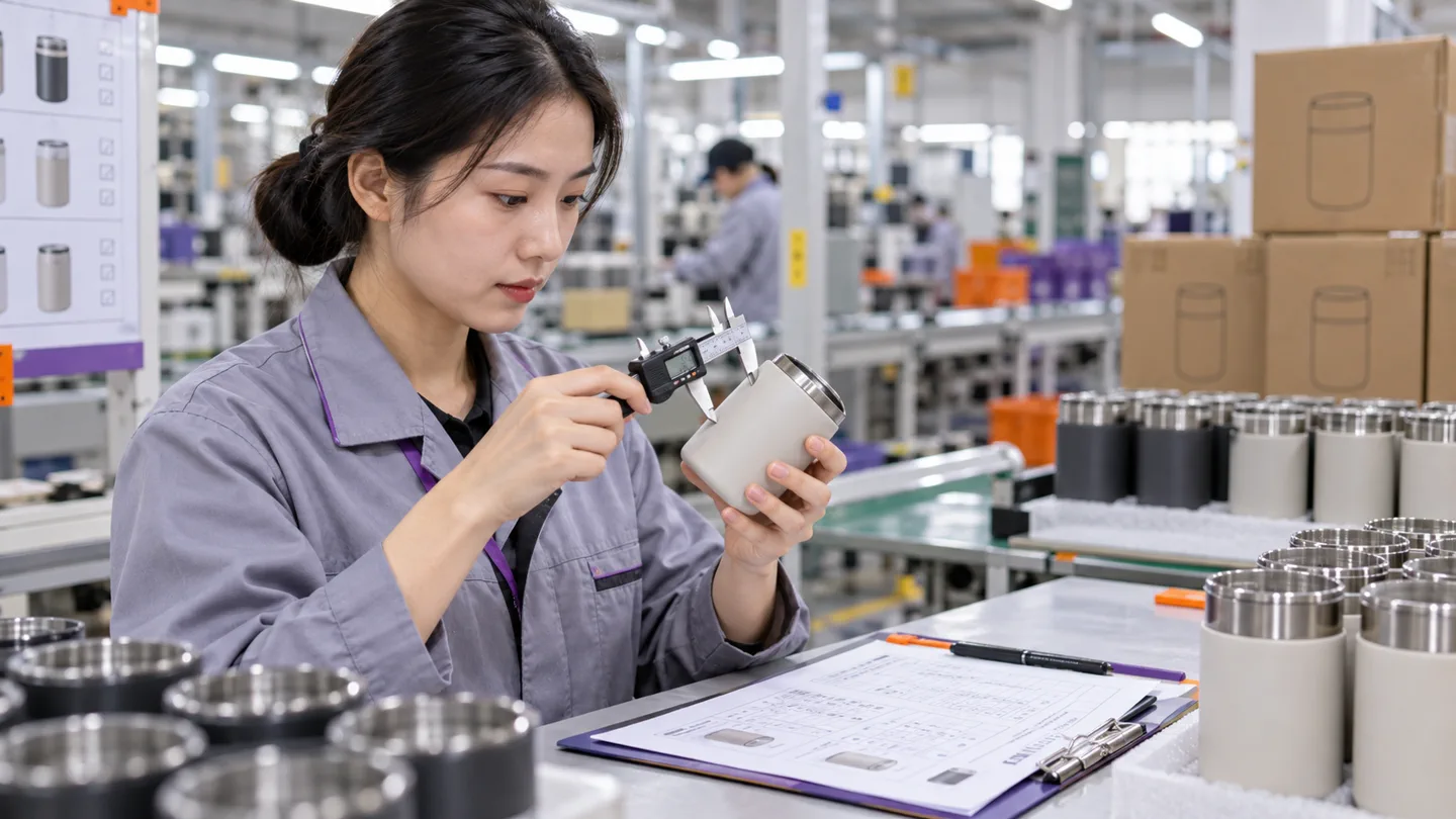 Quality inspector measuring a product during production in a Chinese factory