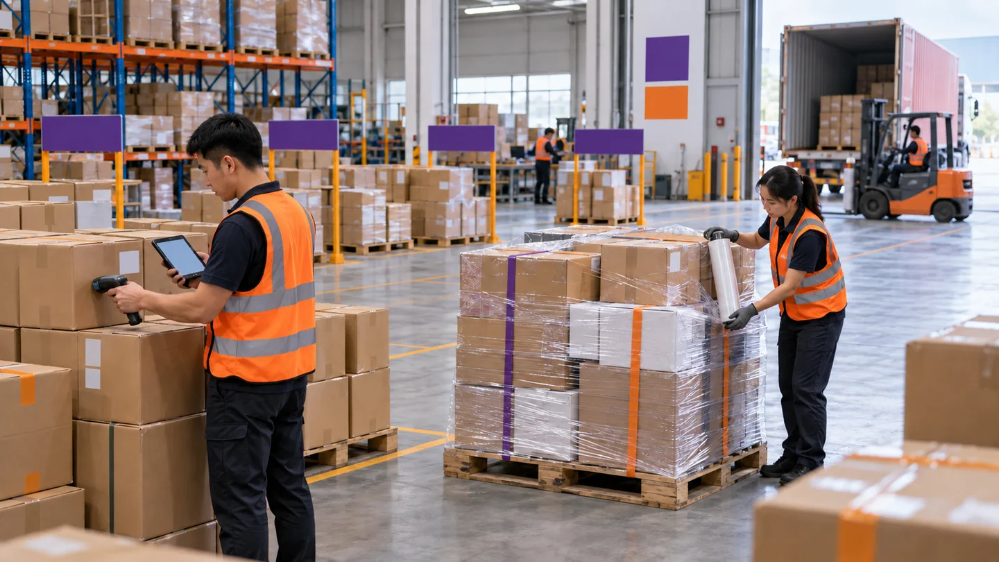 Workers scanning cartons and consolidating products from multiple Chinese suppliers for export
