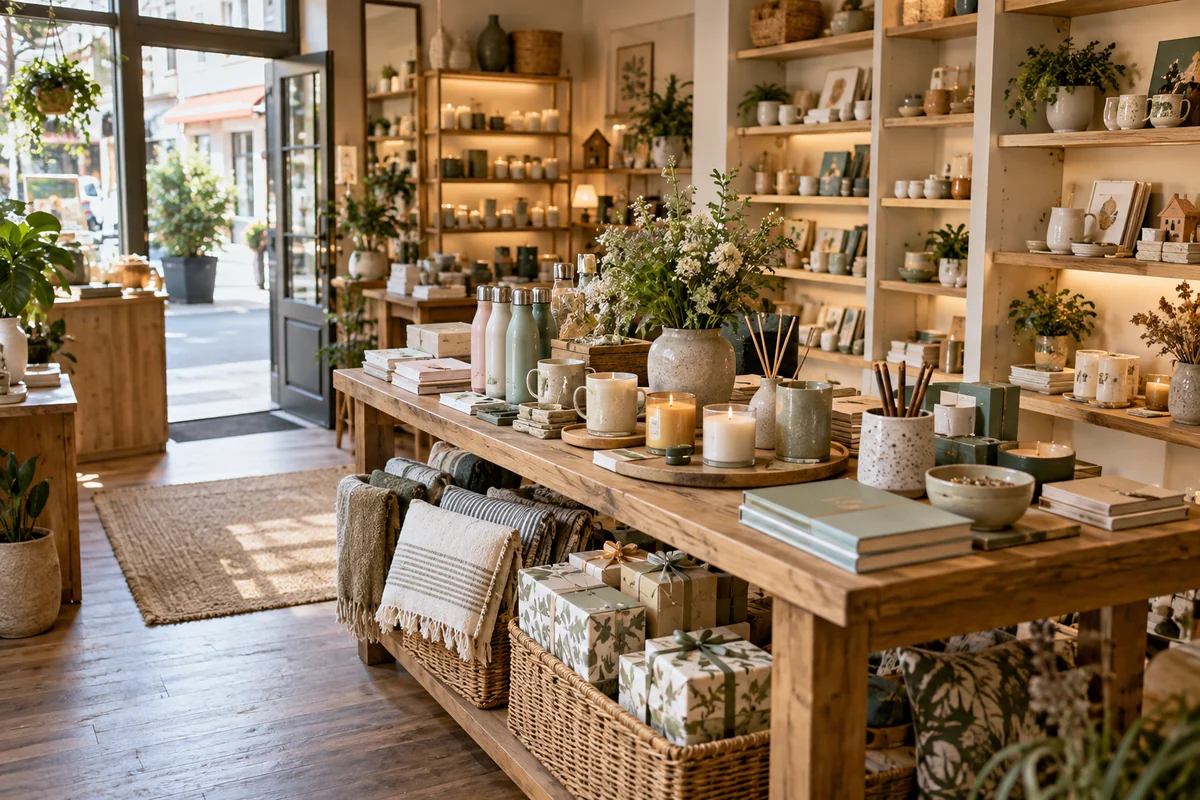 A warm independent gift and lifestyle boutique with curated product displays